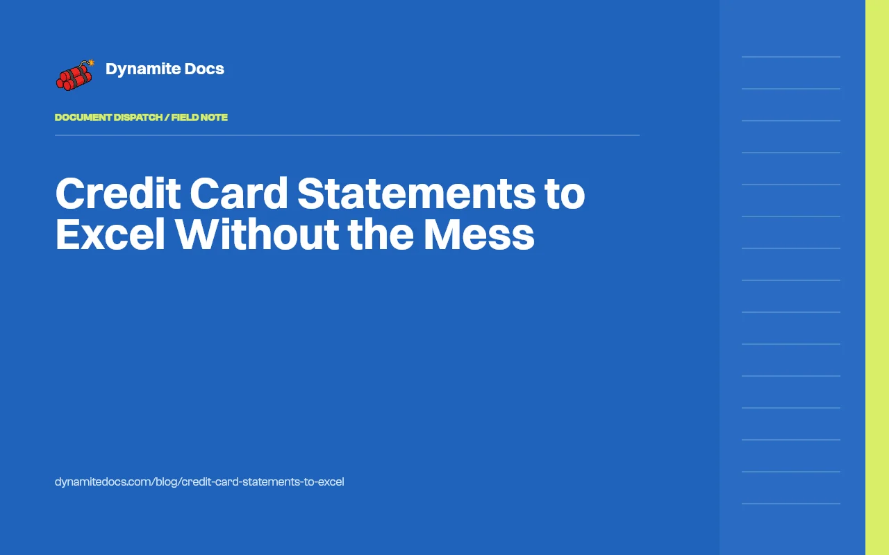Credit card statement extracted into transaction rows in Dynamite Docs with merchant, date, amount, and category