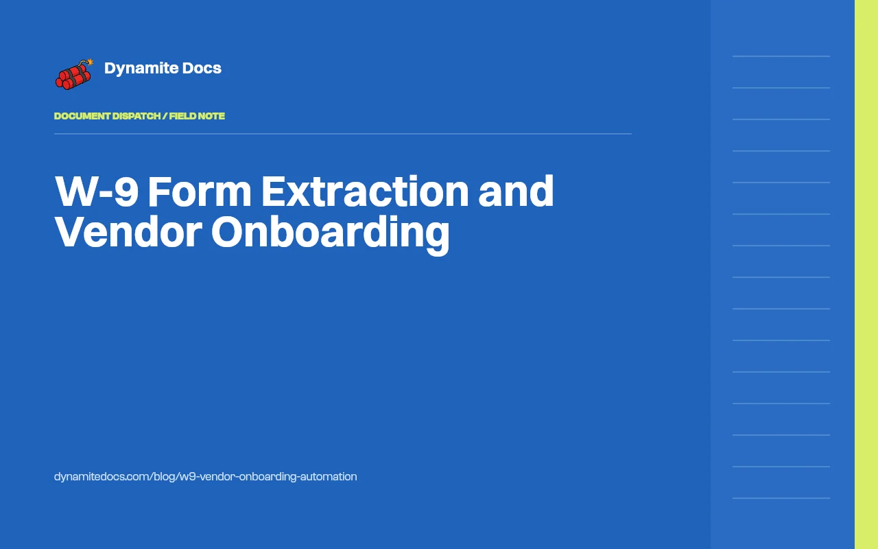W-9 form extracted into a vendor record in Dynamite Docs with legal name, entity type, and tax ID