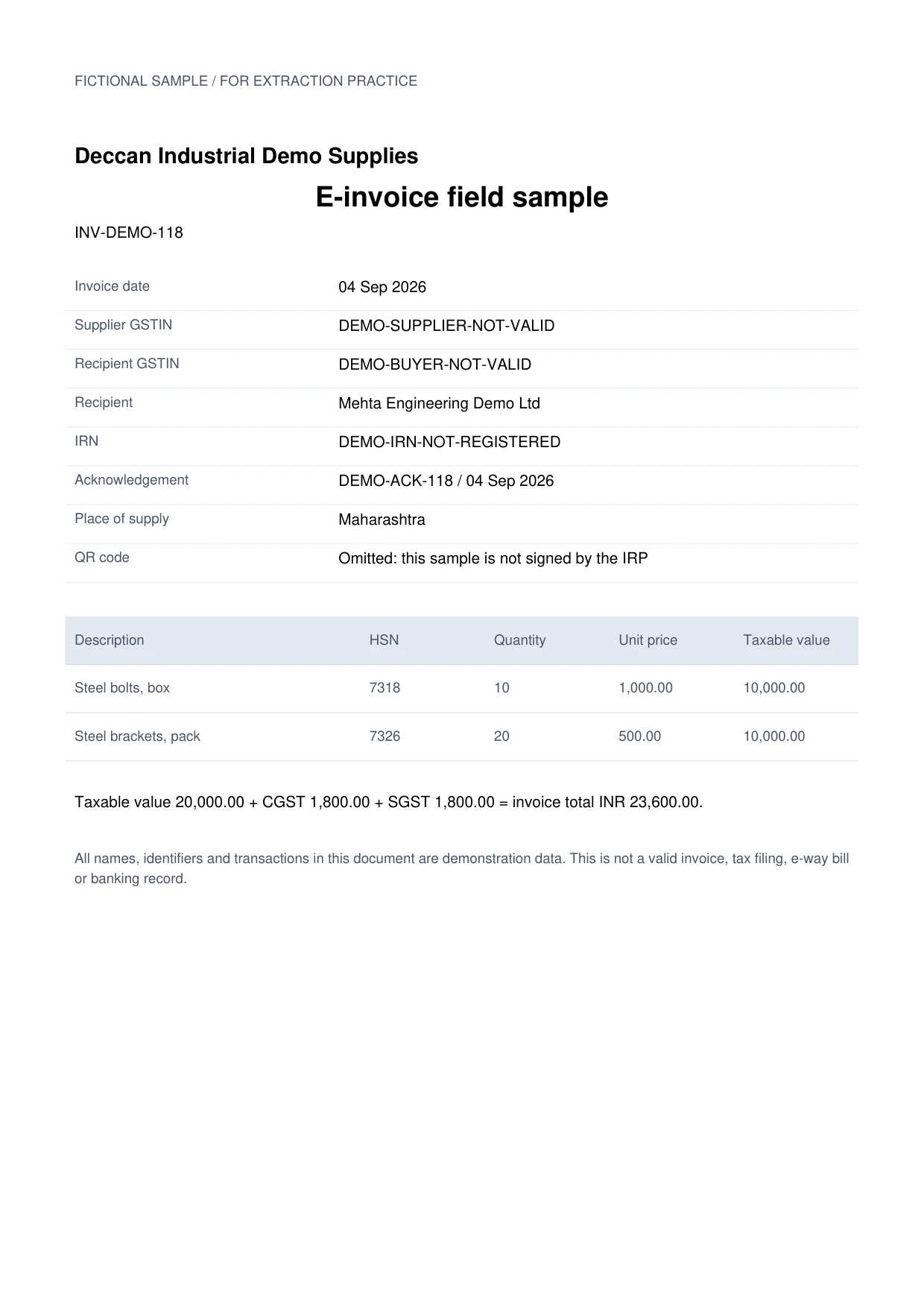 E-invoice field example, Deccan Industrial Supplies, INV-DEMO-118. Fictional sample document.