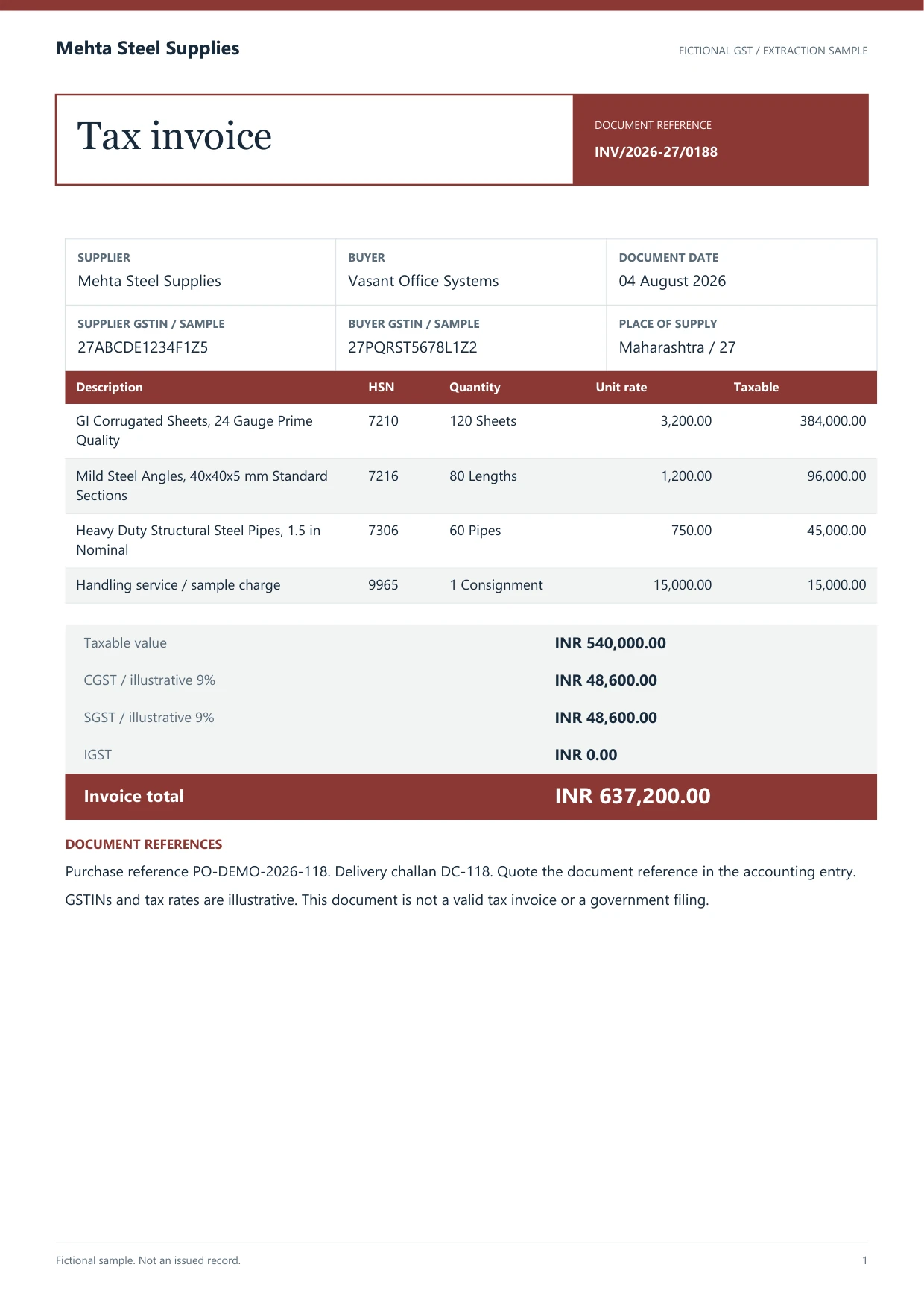 Tax invoice, Mehta Steel Supplies, INV/2026-27/0188. Fictional sample document.