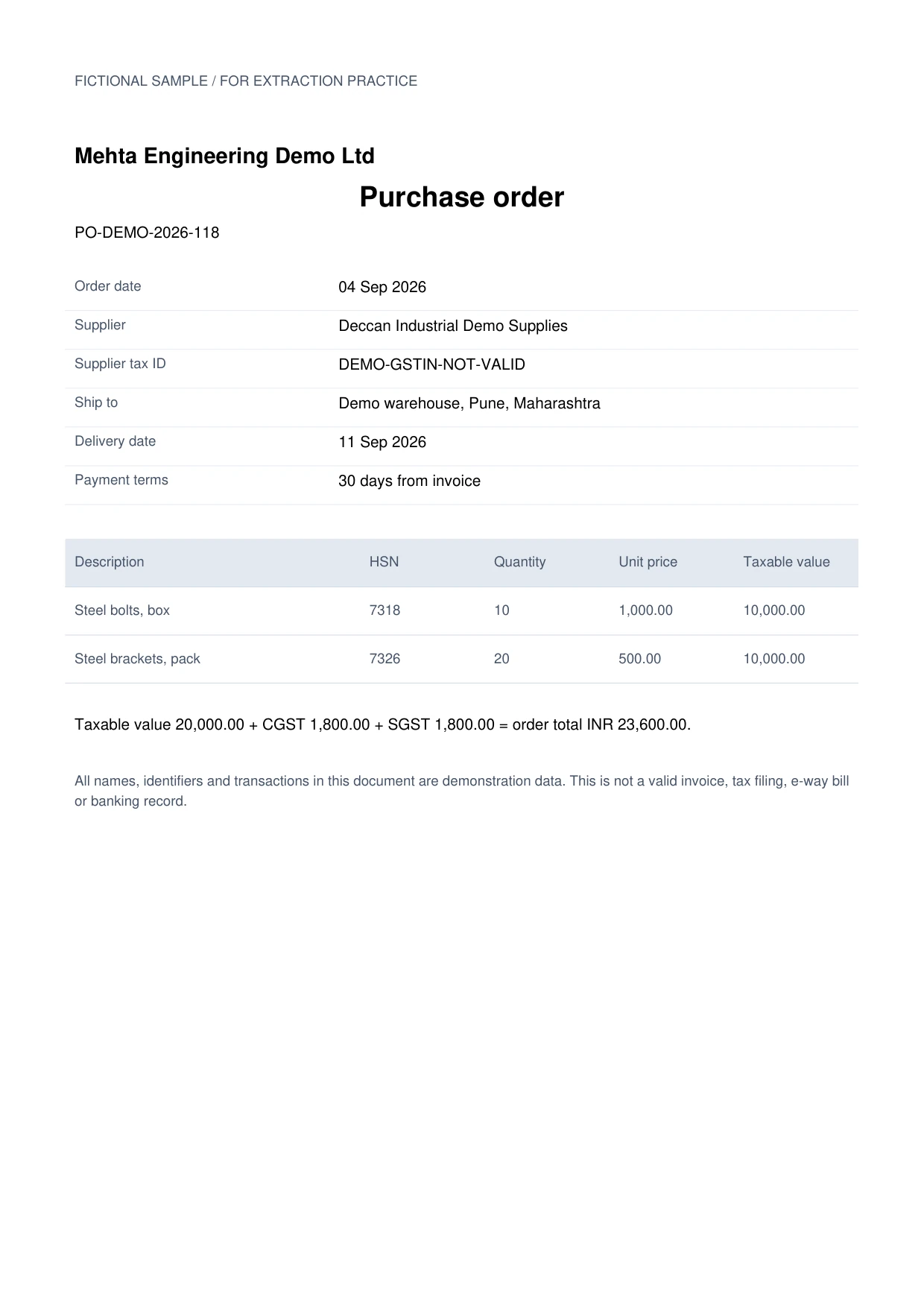 Purchase order, Mehta Engineering Demo Ltd, PO-DEMO-2026-118. Fictional sample document.
