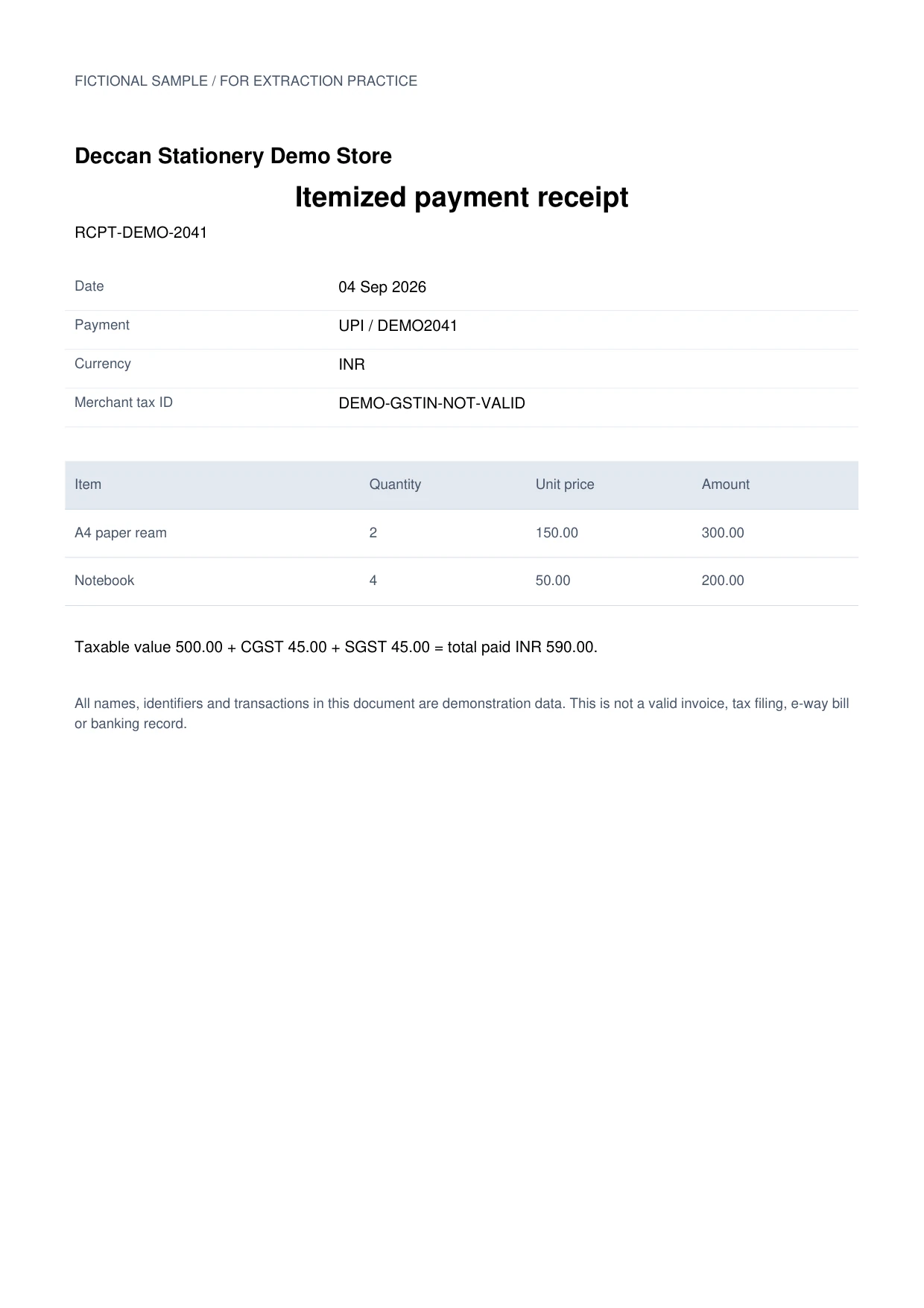 Payment receipt, Deccan Stationery, RCPT-2041. Fictional sample document.