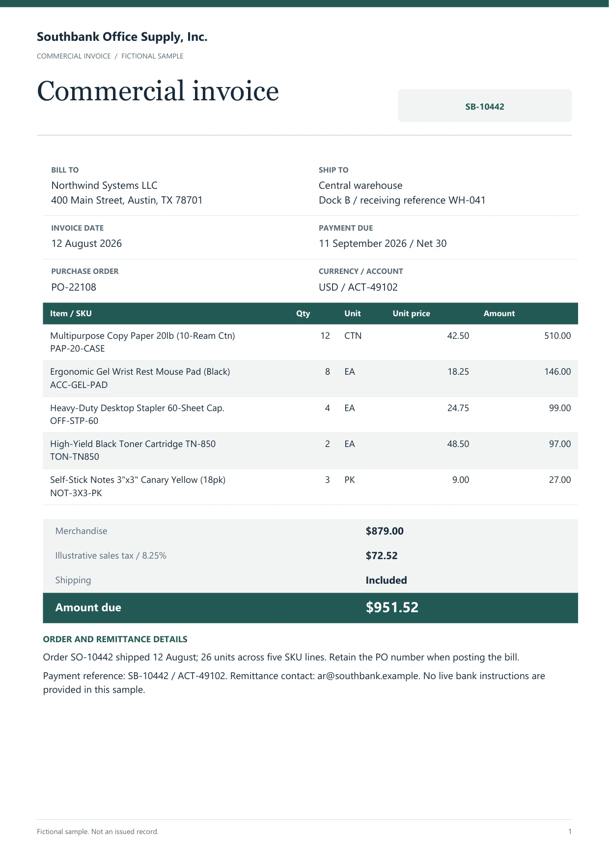 Vendor invoice from Southbank Office Supply, SB-10442, with five line items