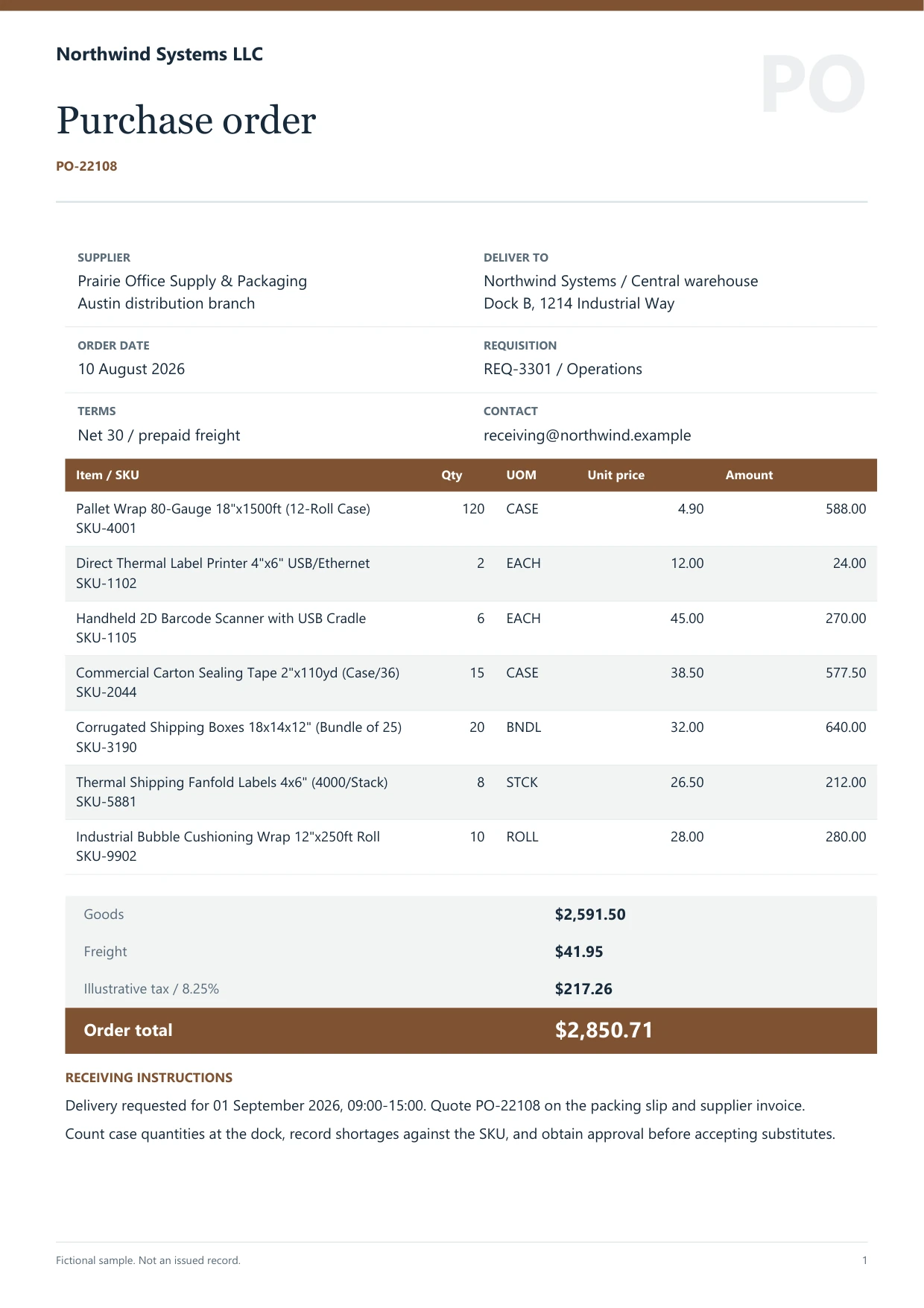 Purchase order, Northwind Systems LLC, PO-22108. Fictional sample document.