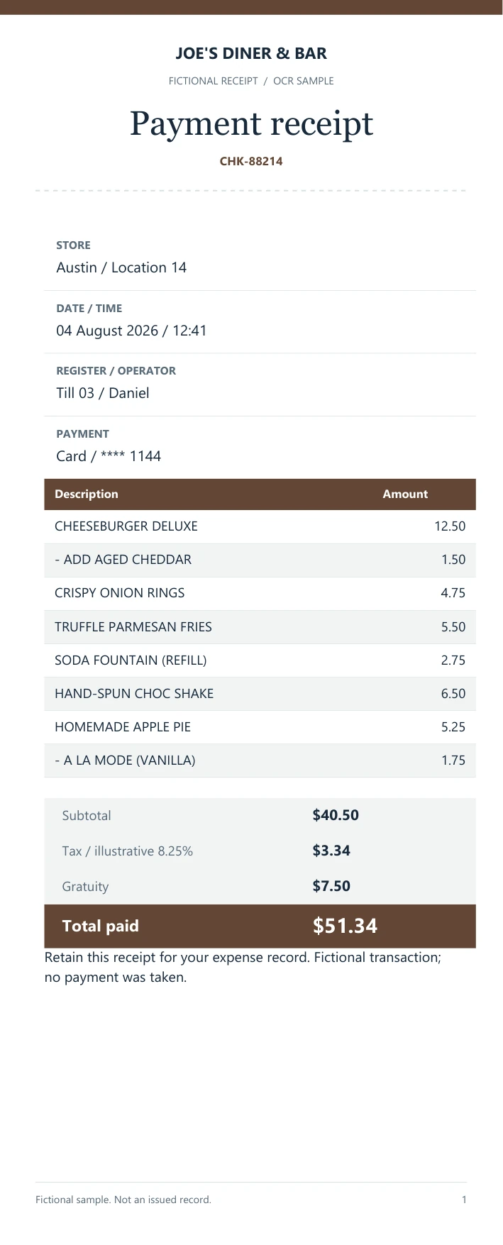 Payment receipt, Joe's Diner & Bar, CHK-88214. Fictional sample document.