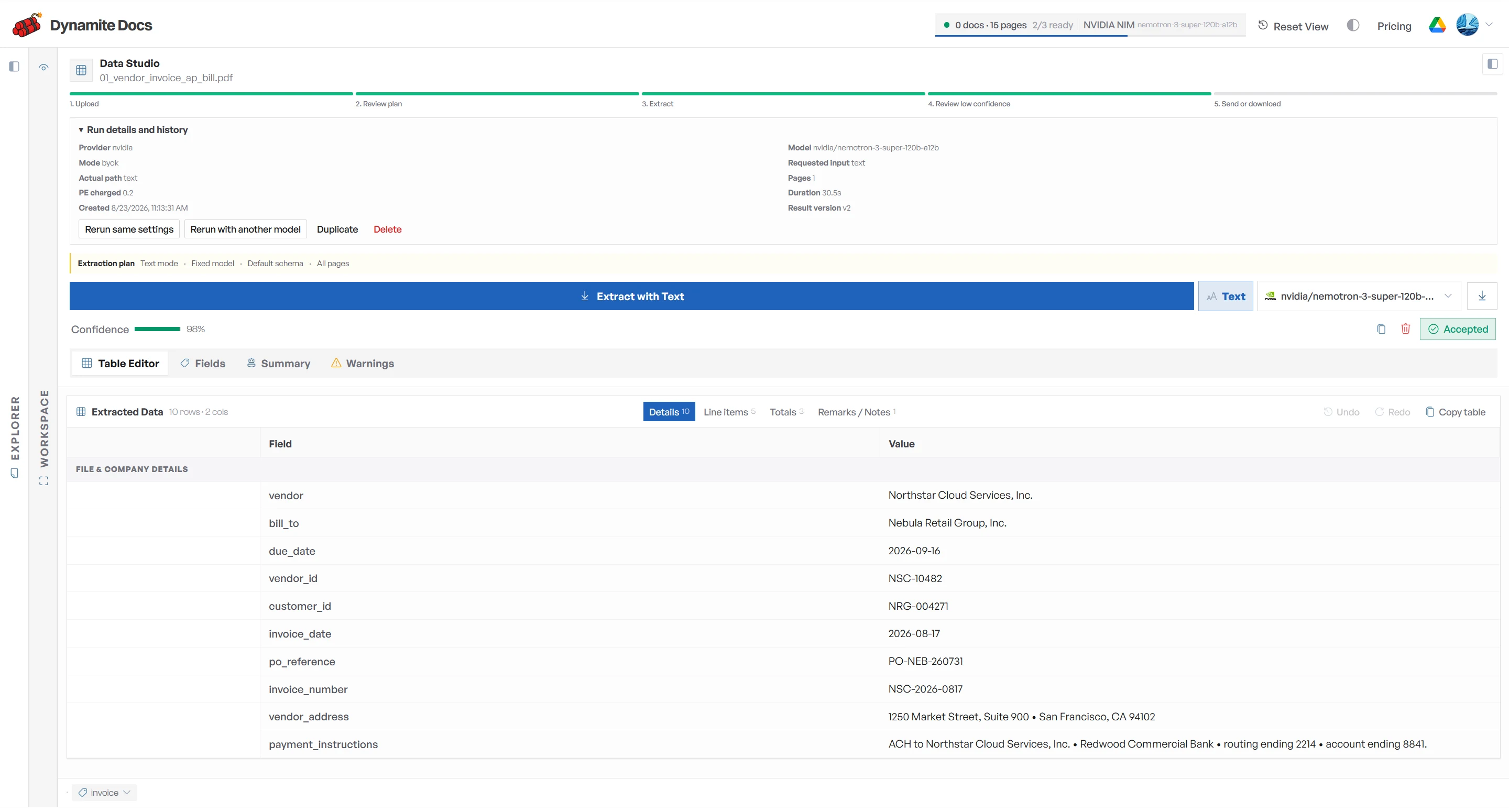 Dynamite Docs invoice field review screen