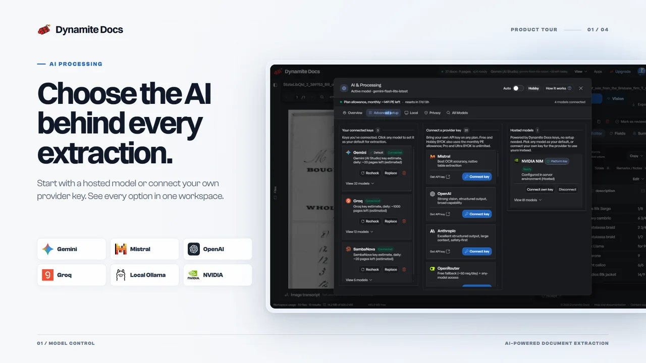 Dynamite Docs AI settings with hosted models, provider keys and local Ollama options.