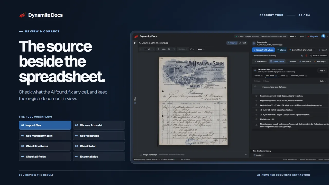 The original document beside editable extracted rows in Dynamite Docs.