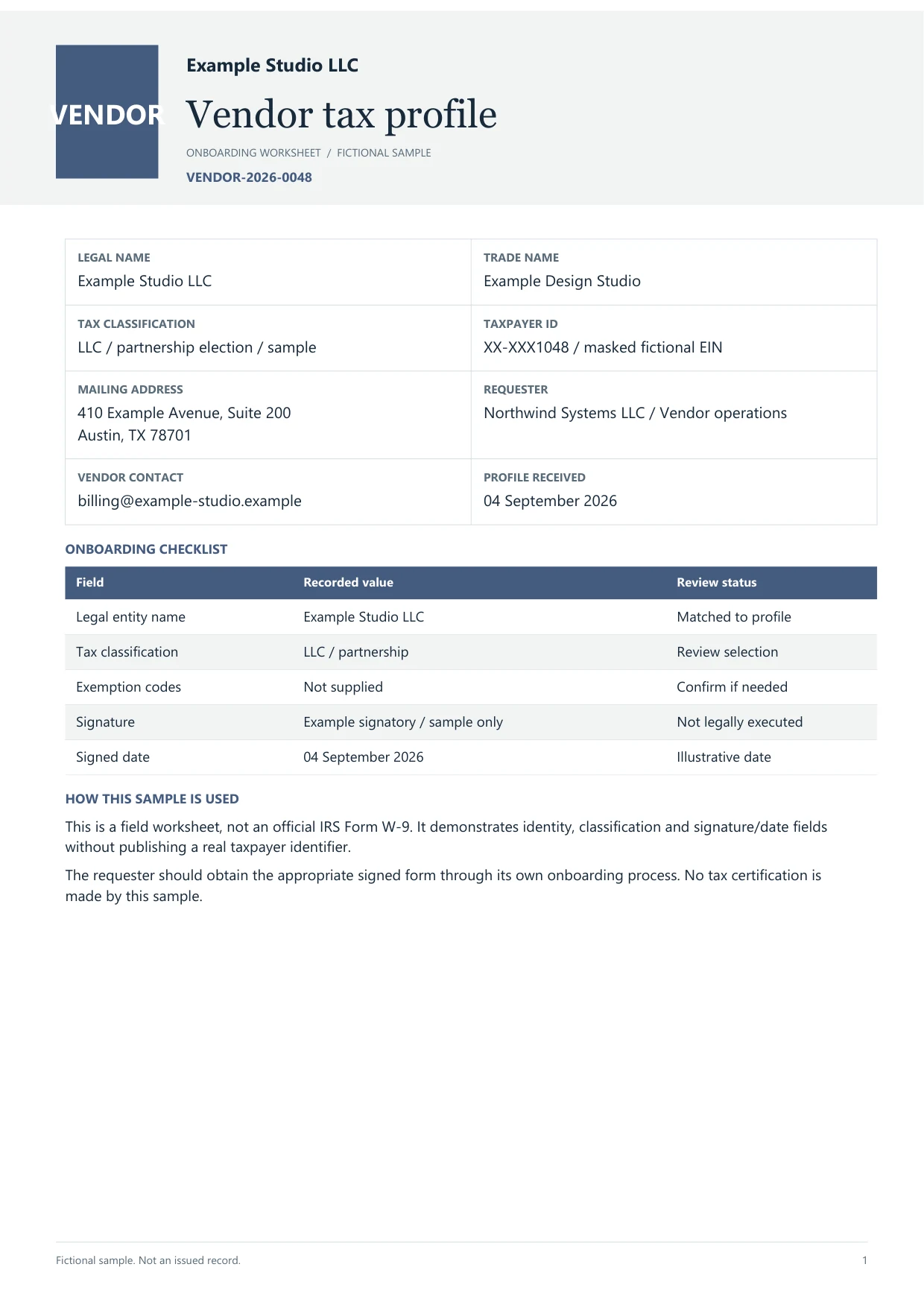 Vendor tax profile