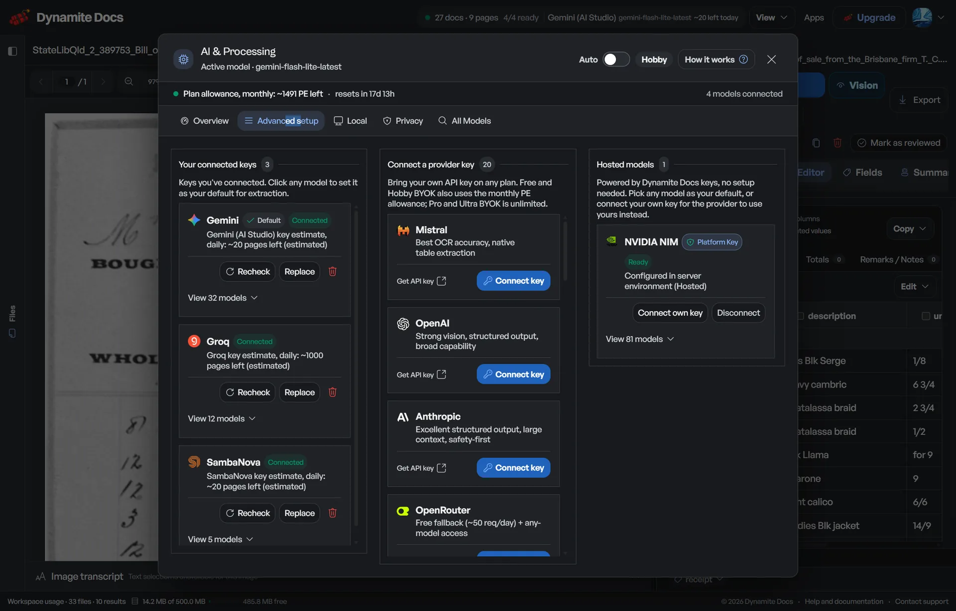 Measuring character and word error rates across modern vision models workflow. Advanced AI provider setup in Dynamite Docs.