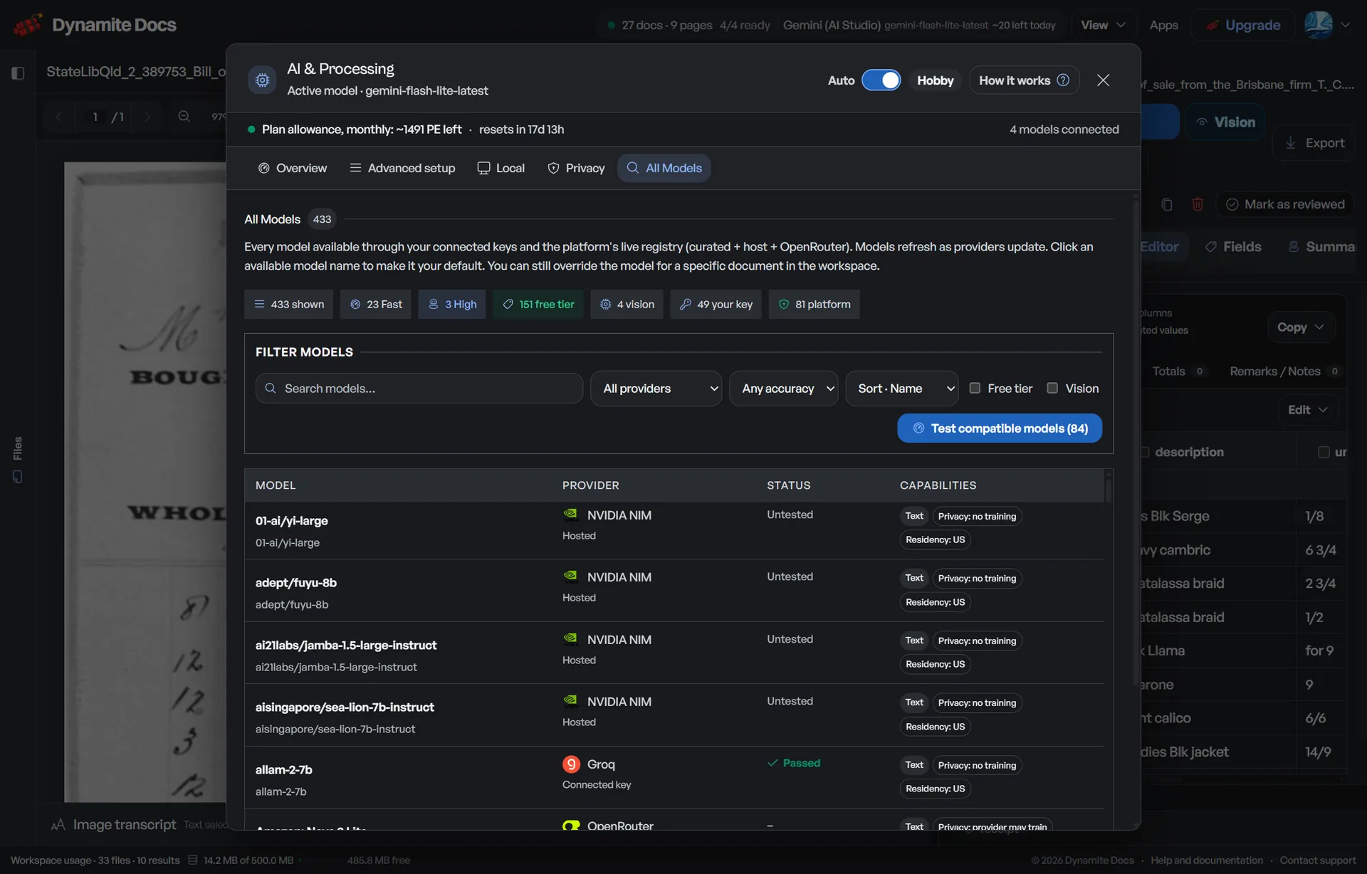 Measuring character and word error rates across modern vision models workflow. The full AI model list in Dynamite Docs settings.