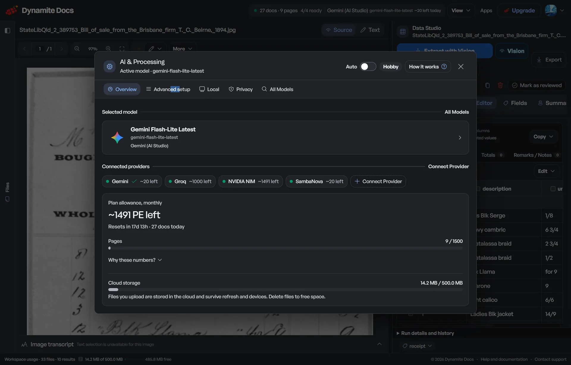 Measuring character and word error rates across modern vision models workflow. The AI processing overview in Dynamite Docs settings.