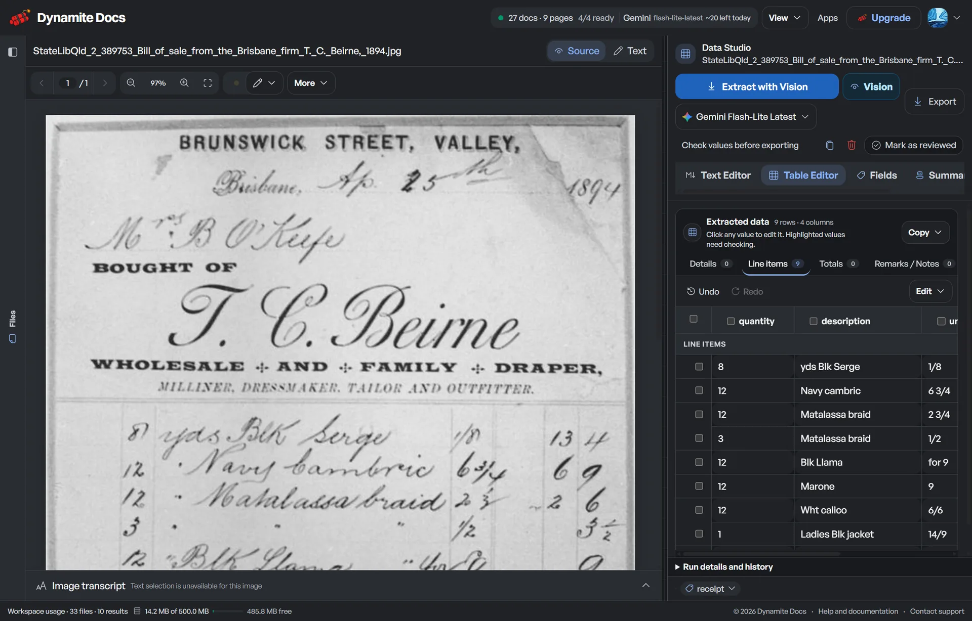 Dynamite Docs document extraction workspace displaying extracted fields beside a business document