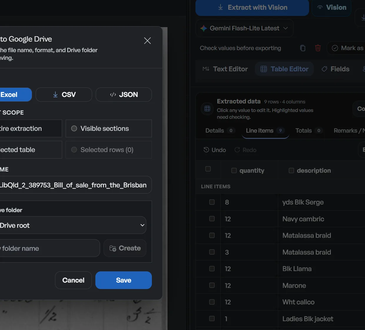 Dynamite Docs export menu with CSV, JSON, Excel, Google Sheets and Google Drive options