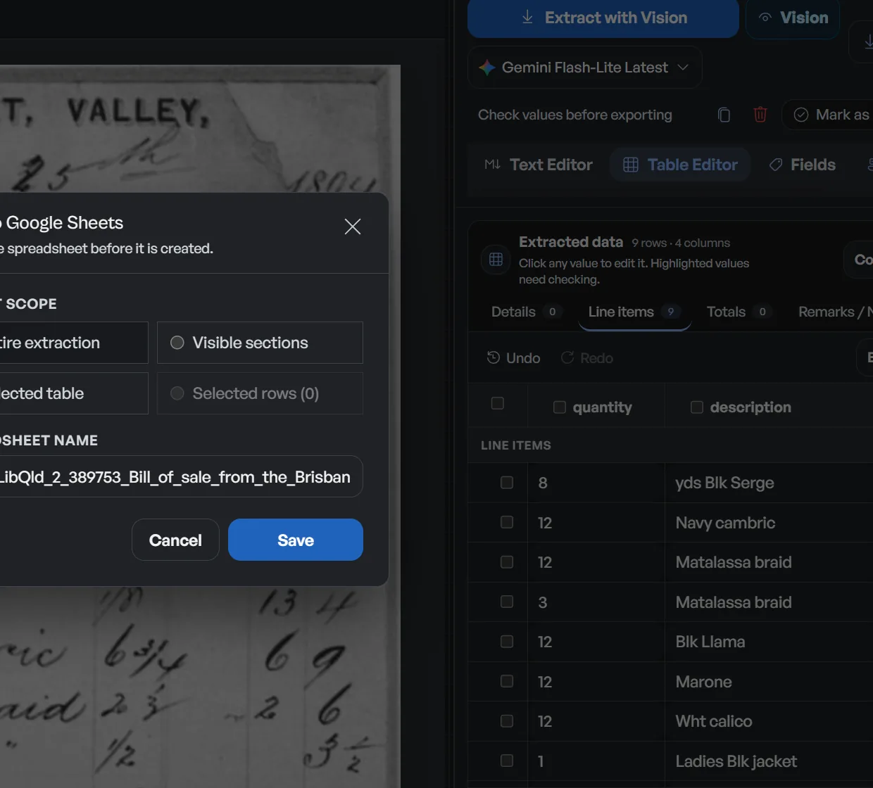 Dynamite Docs export menu with CSV, JSON, Excel, Google Sheets and Google Drive options