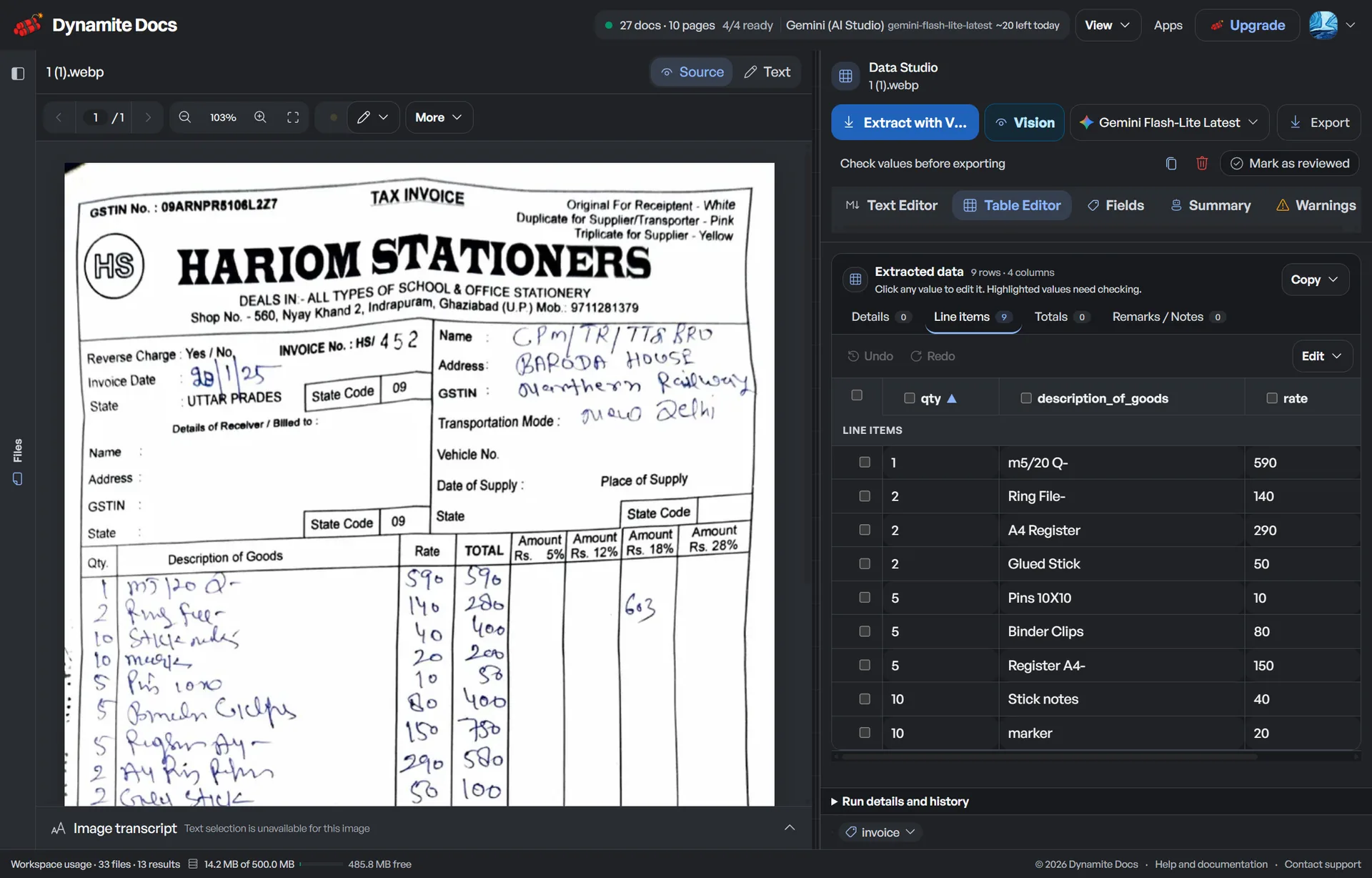The library GST example shows a handwritten source that needs visual review.
