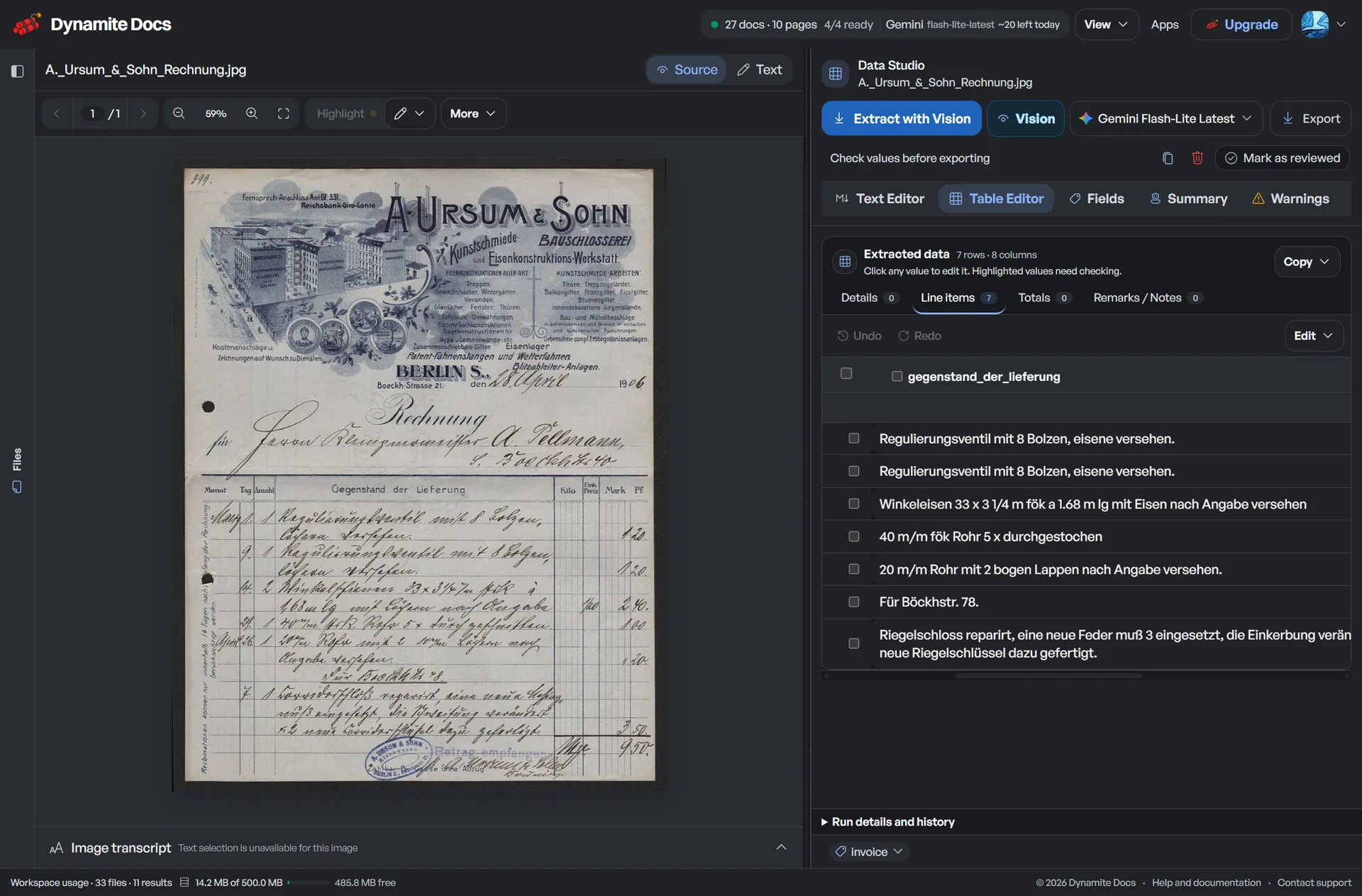 Field extraction precision and recall metrics across frontier LLMs workflow. A source document open beside editable extracted rows in Dynamite Docs.