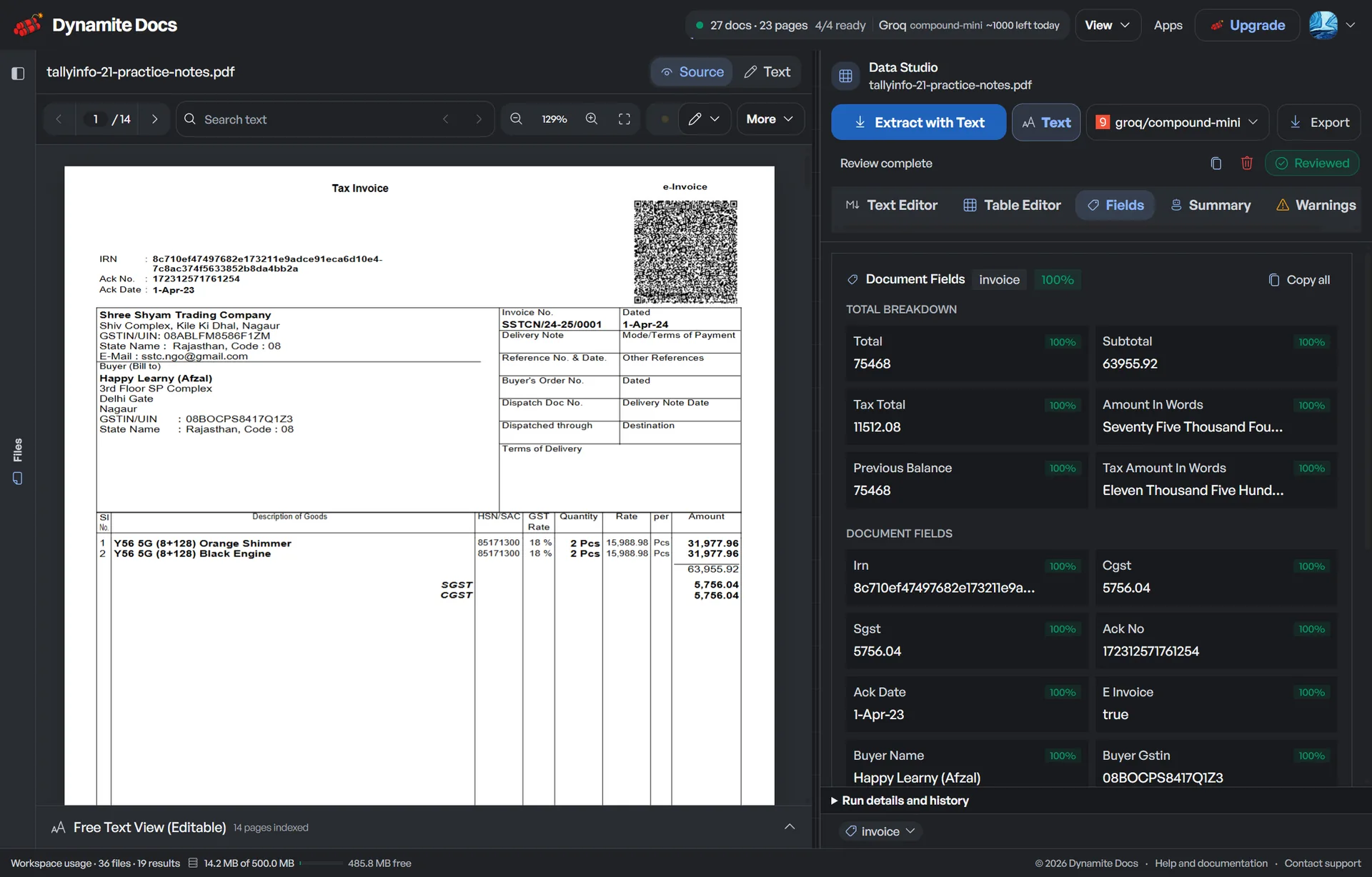 Dynamite Docs invoice line-item table with descriptions, quantities and amounts