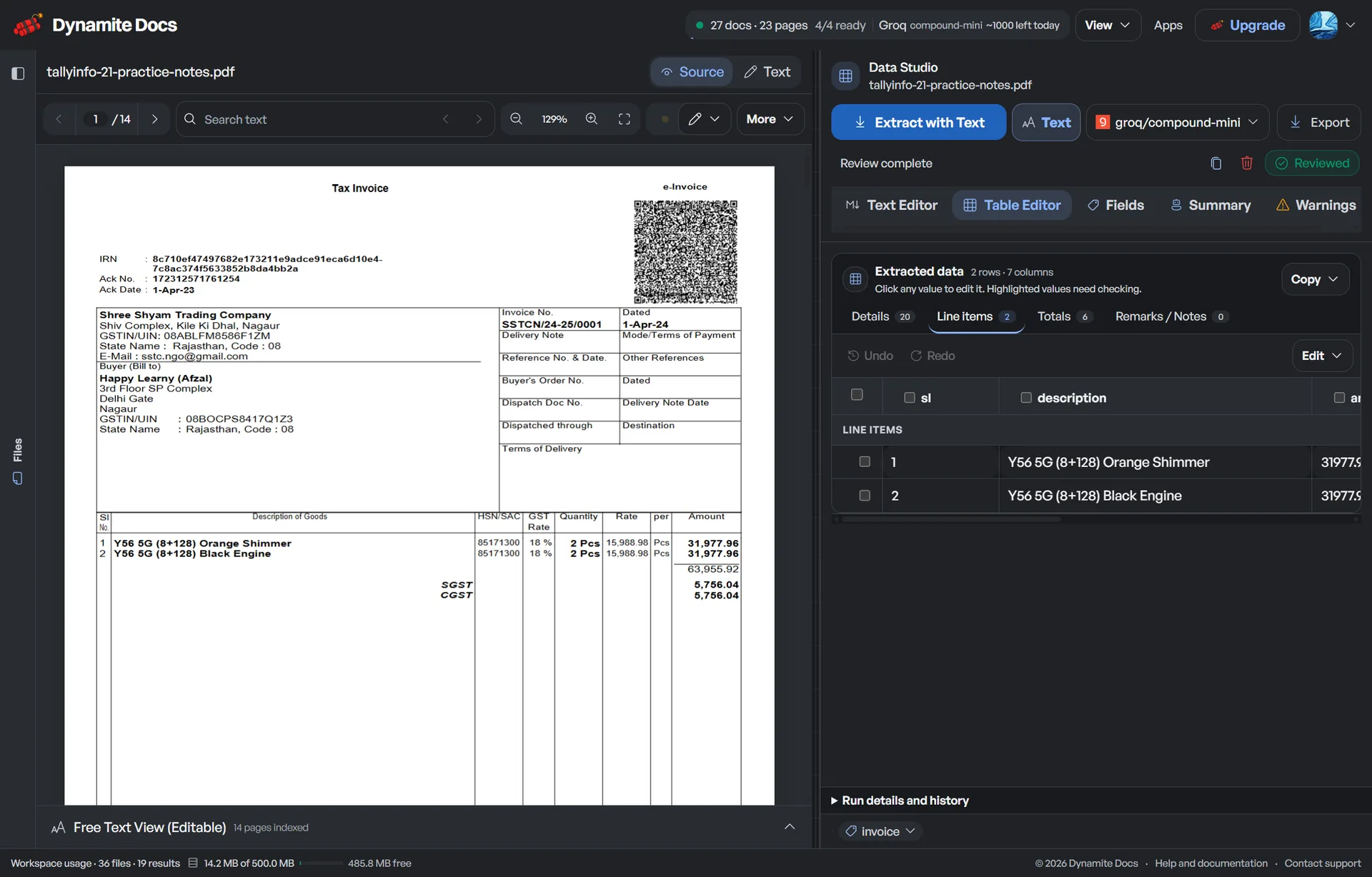 Dynamite Docs review workspace with an invoice beside extracted fields