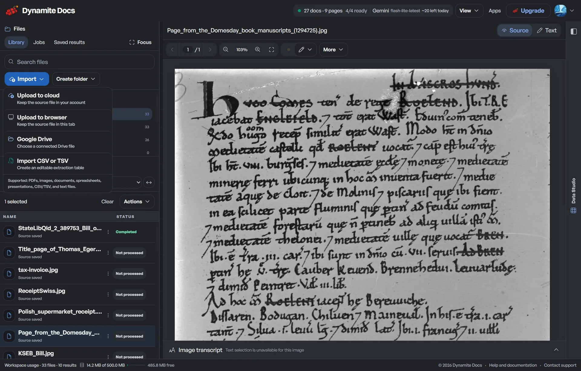 A sample invoice open in the Dynamite Docs source viewer with extraction controls