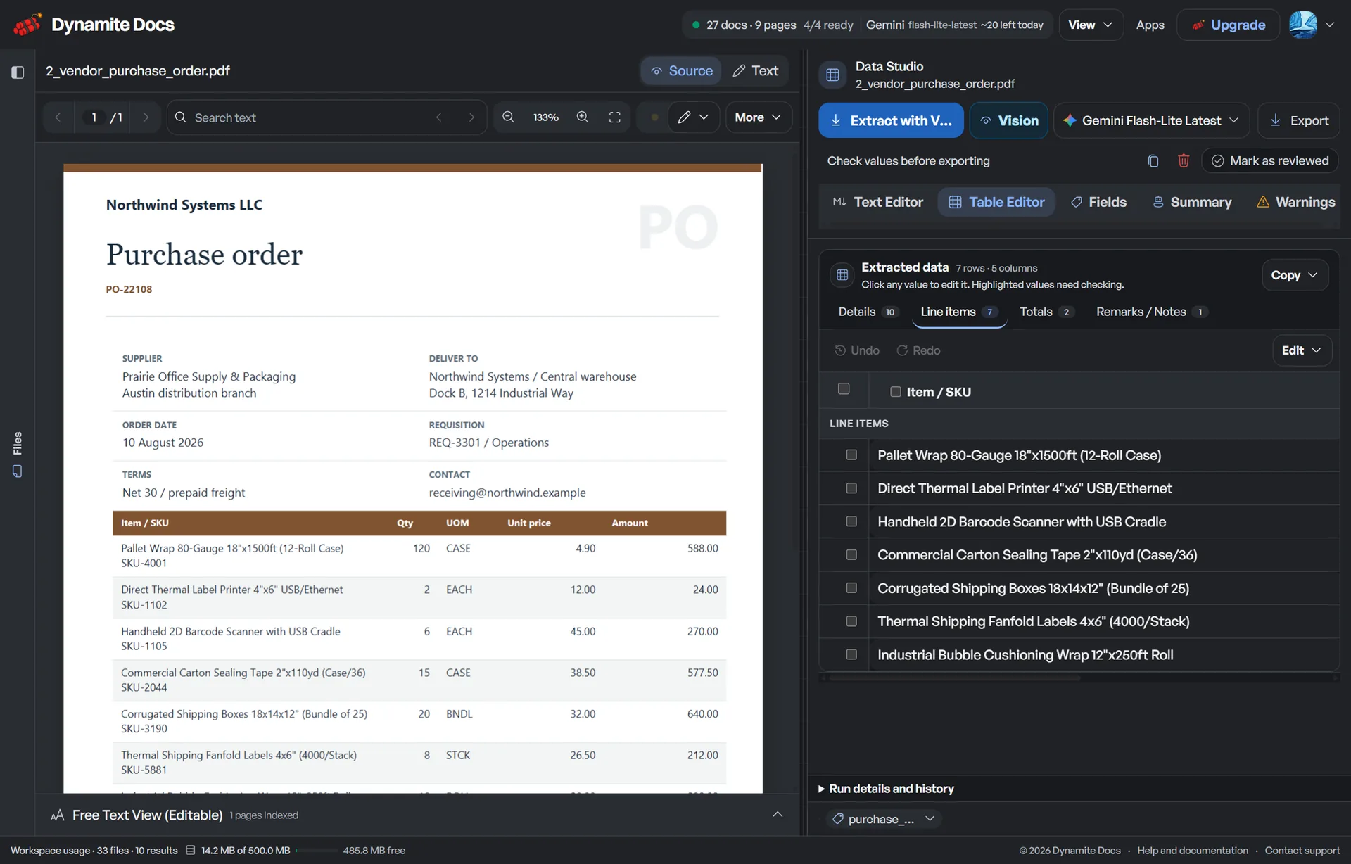 Field extraction precision and recall metrics across frontier LLMs workflow. Purchase order line items beside the source document.