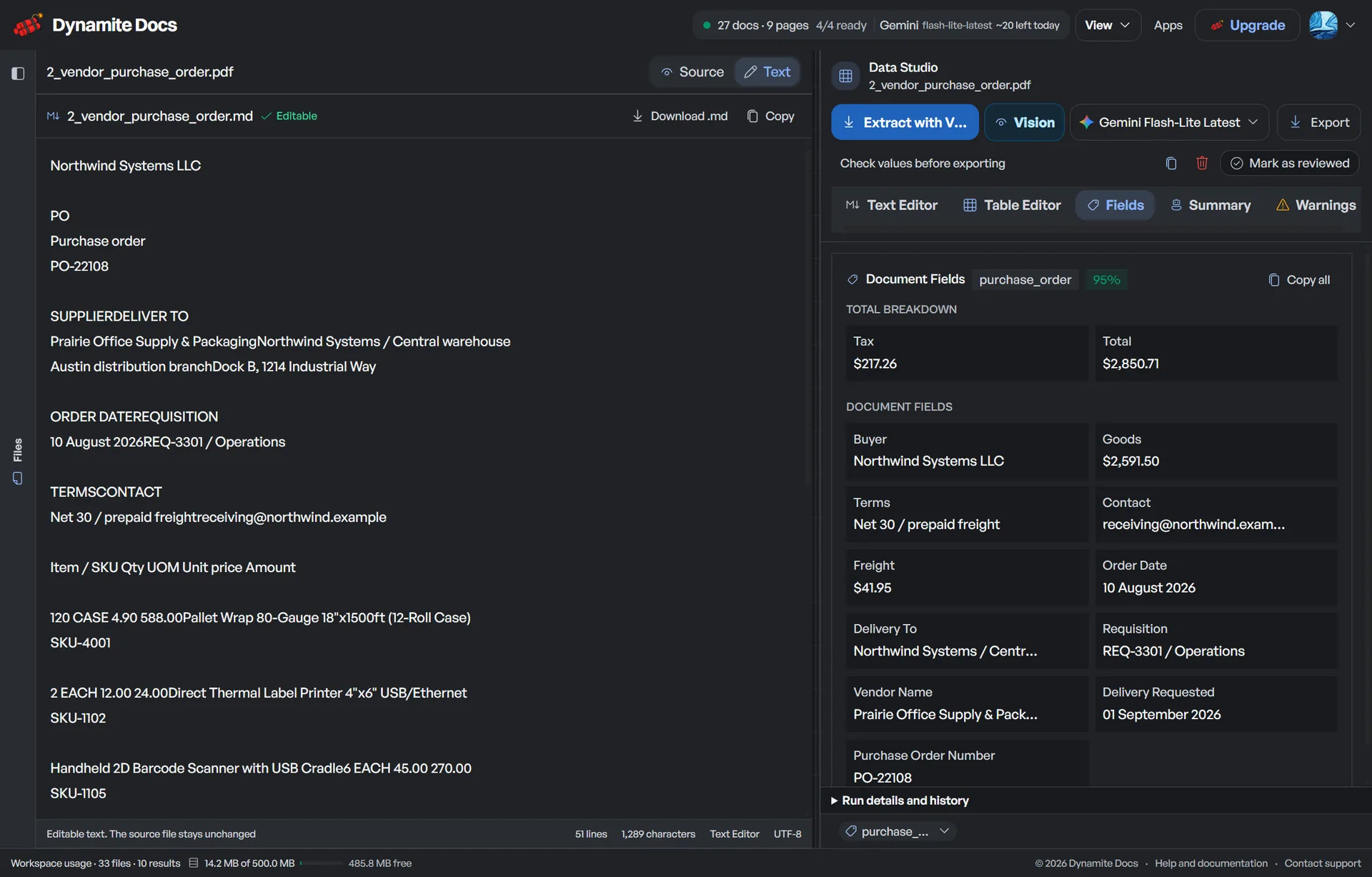 A purchase order beside its extracted text in the Dynamite Docs review workspace.