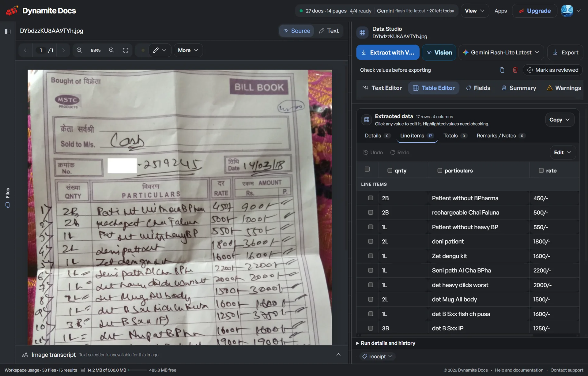 A receipt example from the library shows source details beside extracted rows.
