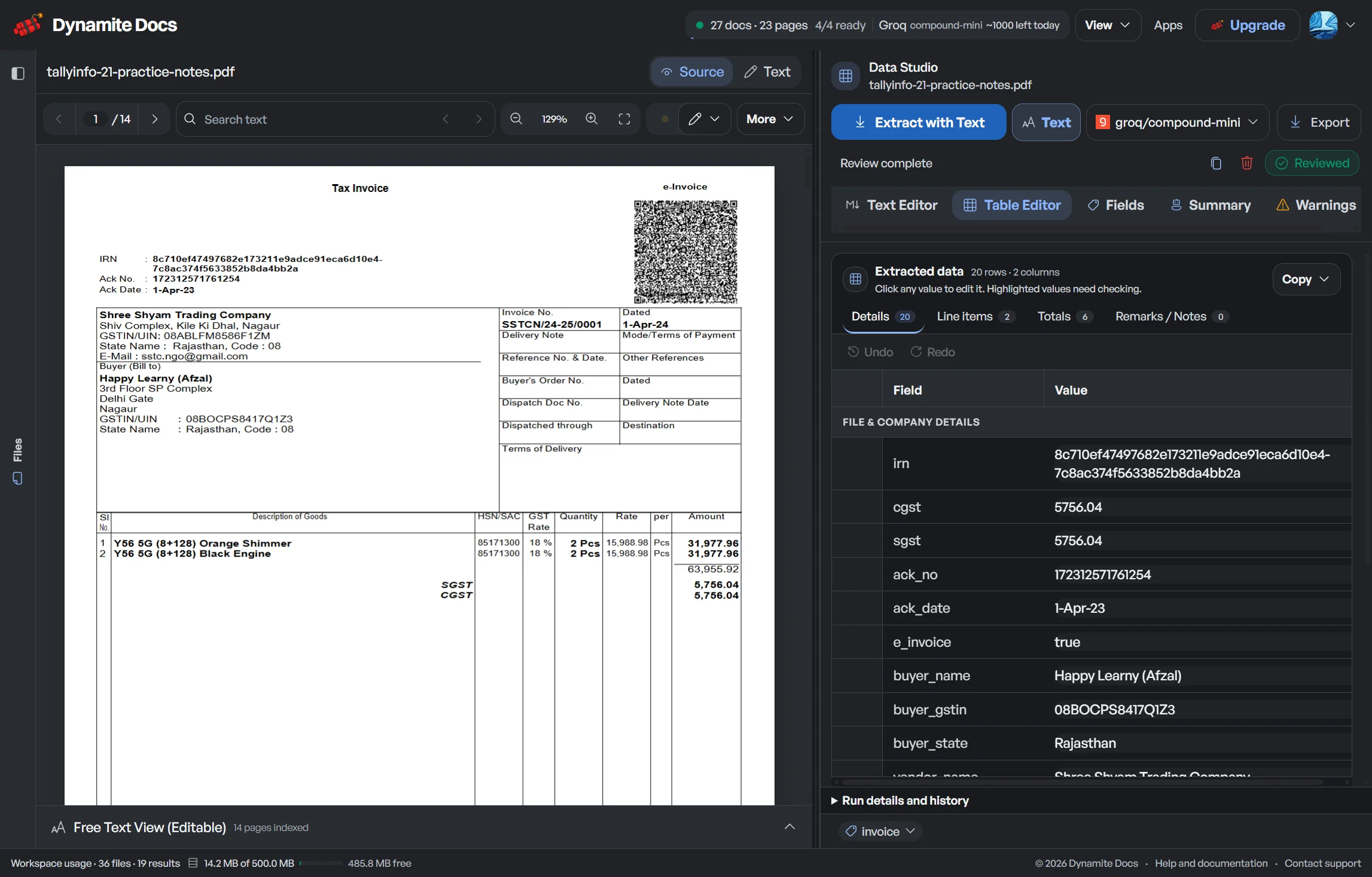 A GST invoice beside extracted invoice particulars in the table editor.