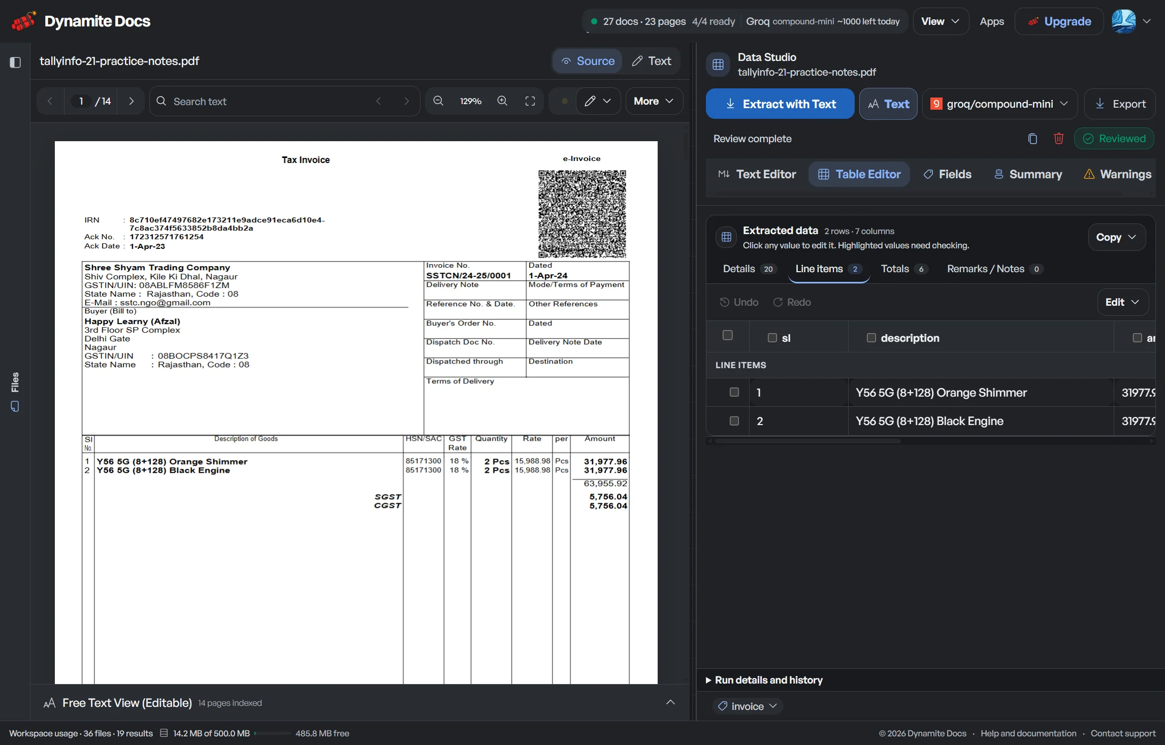 A sample GST invoice beside two extracted product rows in the Dynamite Docs Table Editor.