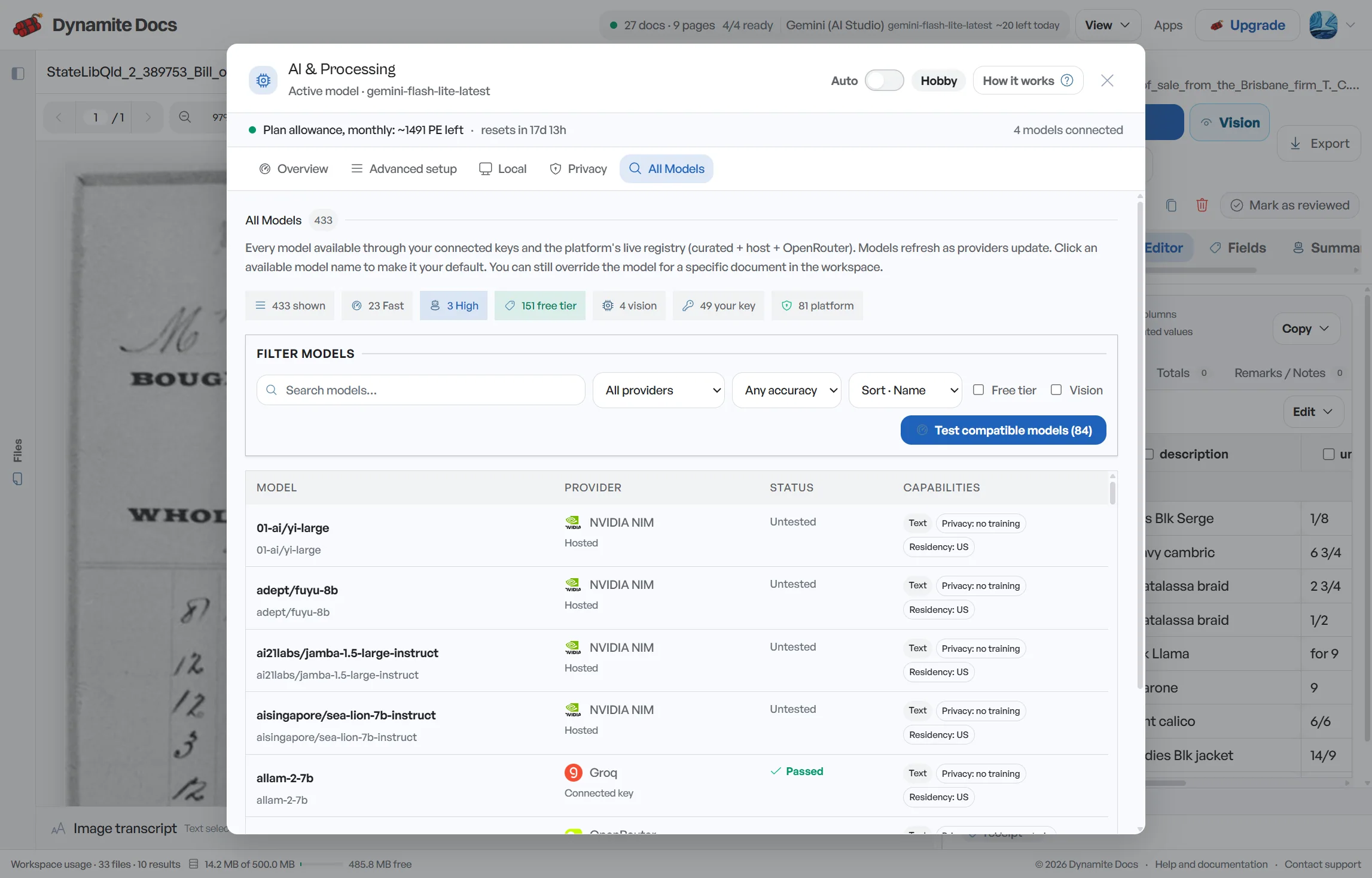 The actual AI processing dialog showing the searchable model list and provider filters.