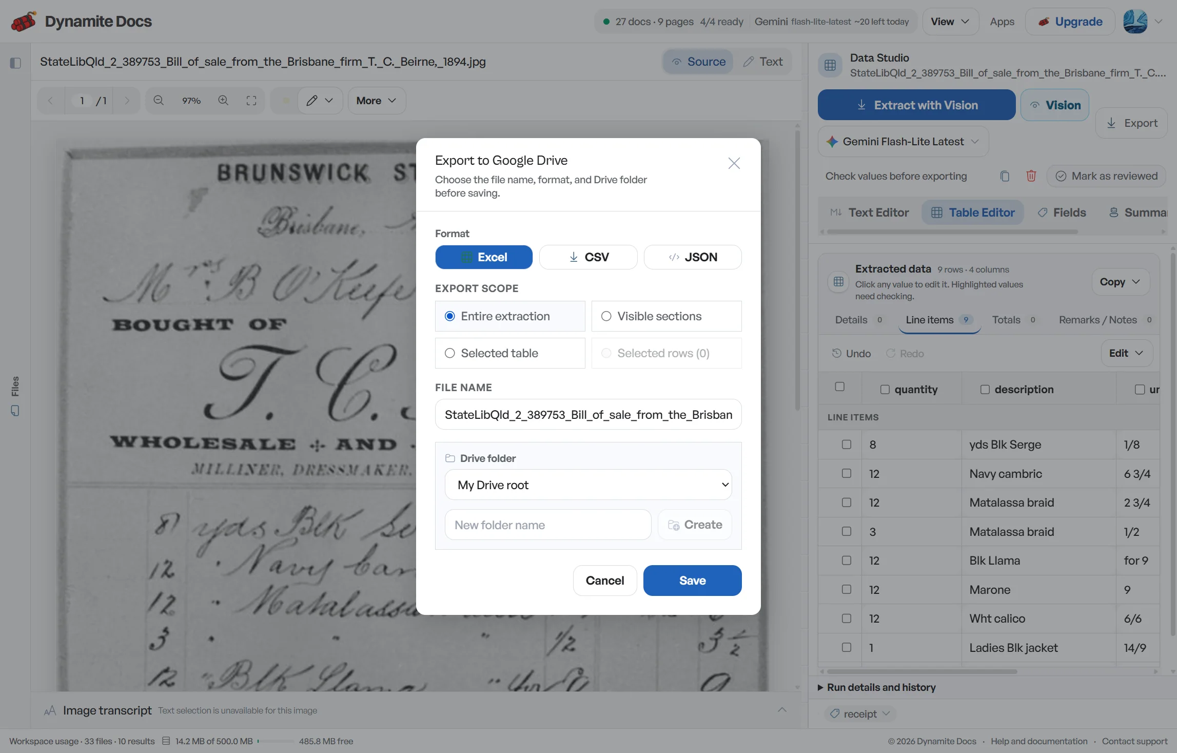 The actual Export to Google Drive dialog with format, scope, file name and folder options.
