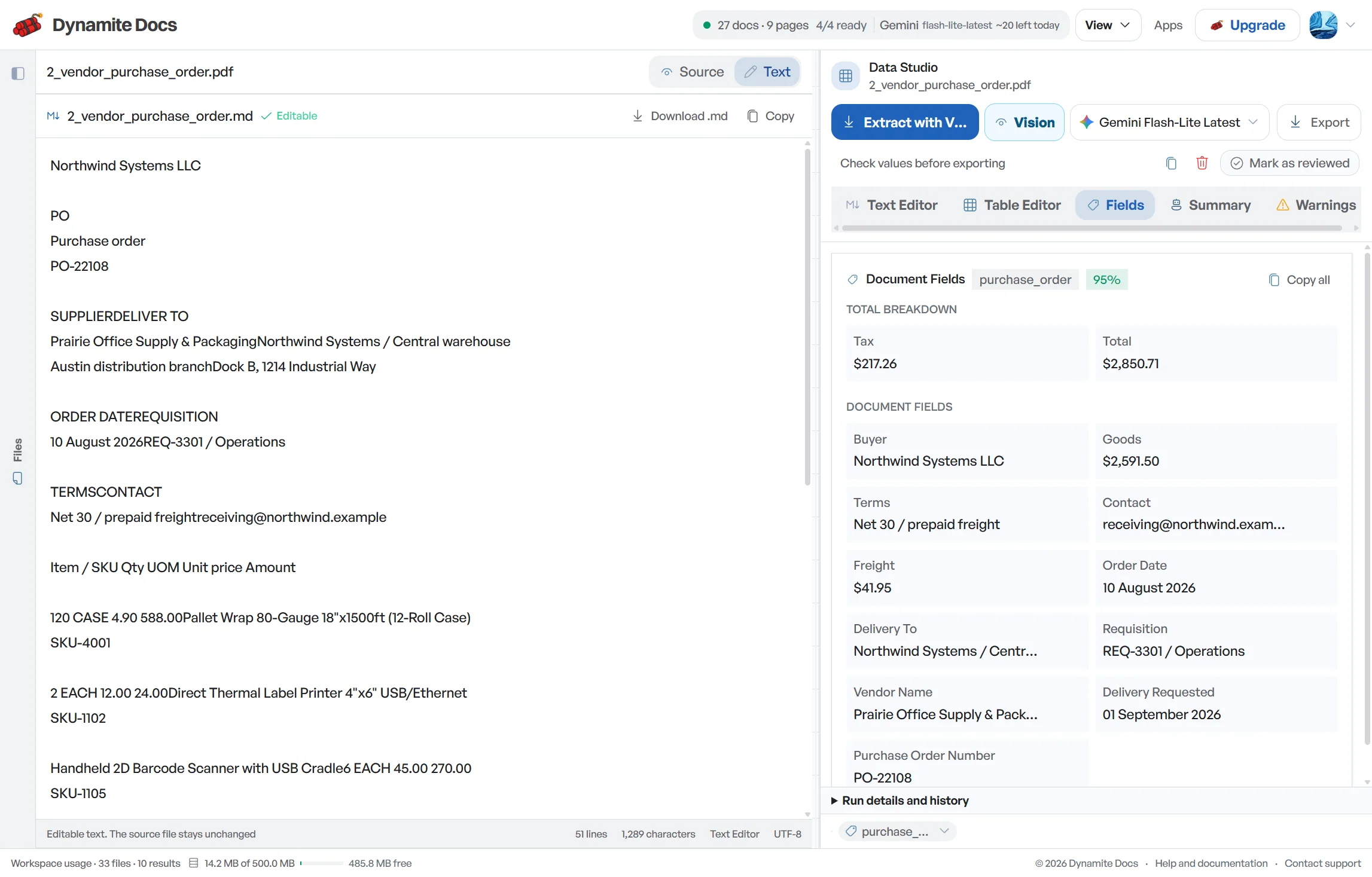 Purchase order text beside extracted document fields and confidence indicators.