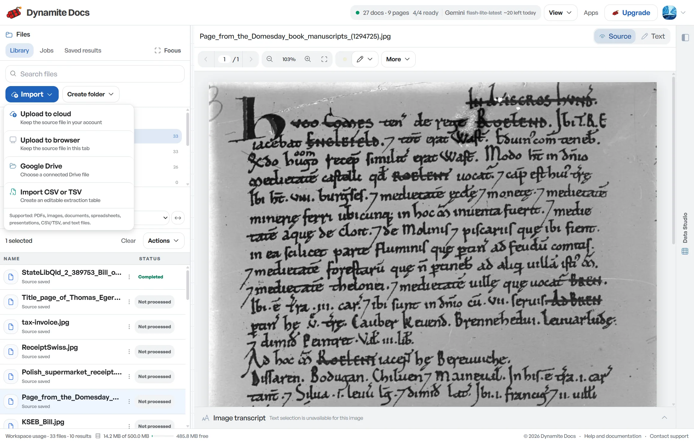 The actual Dynamite Docs library import menu, with upload and Google Drive options.