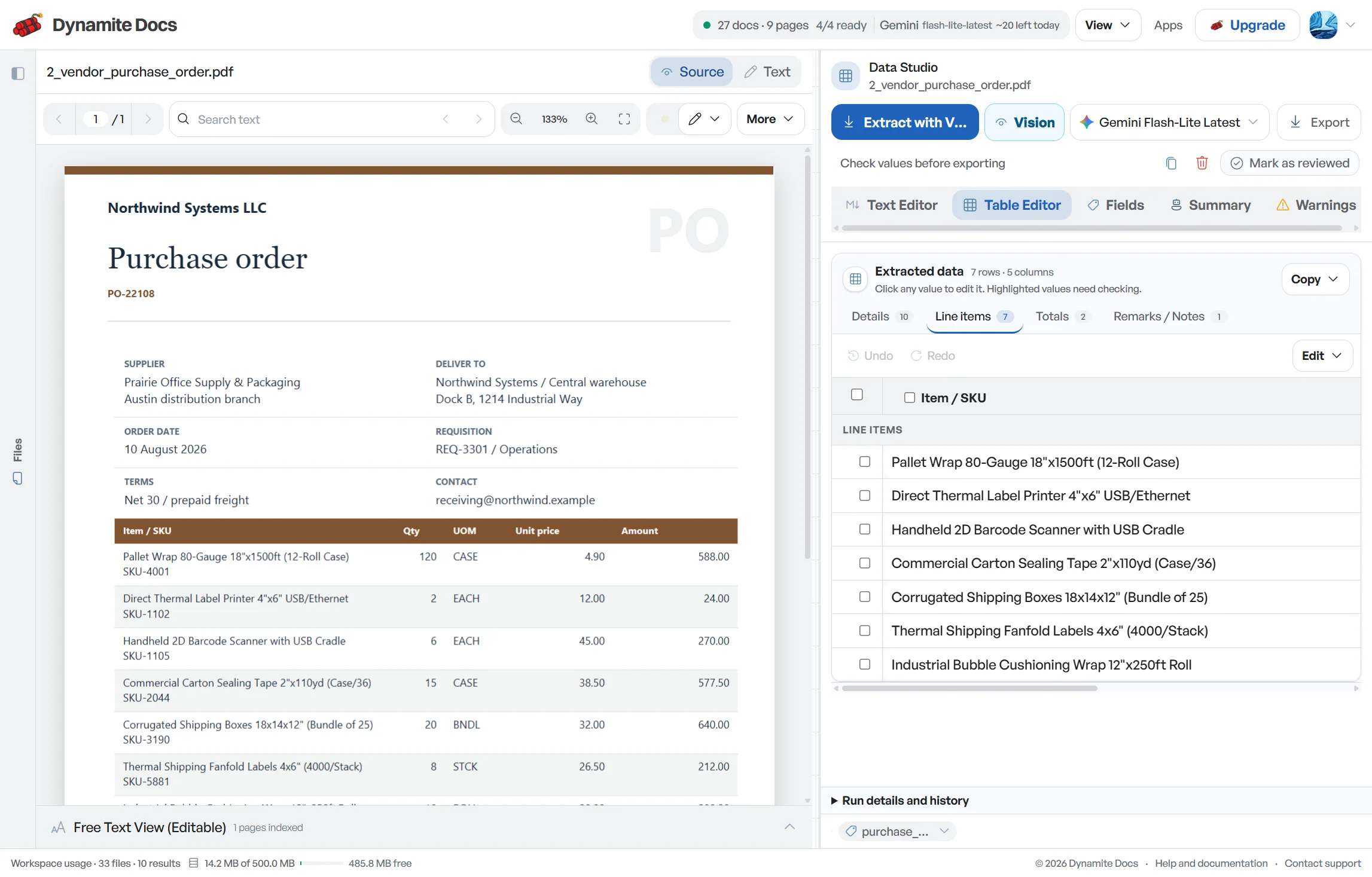A purchase order beside its extracted line items in the Table Editor.