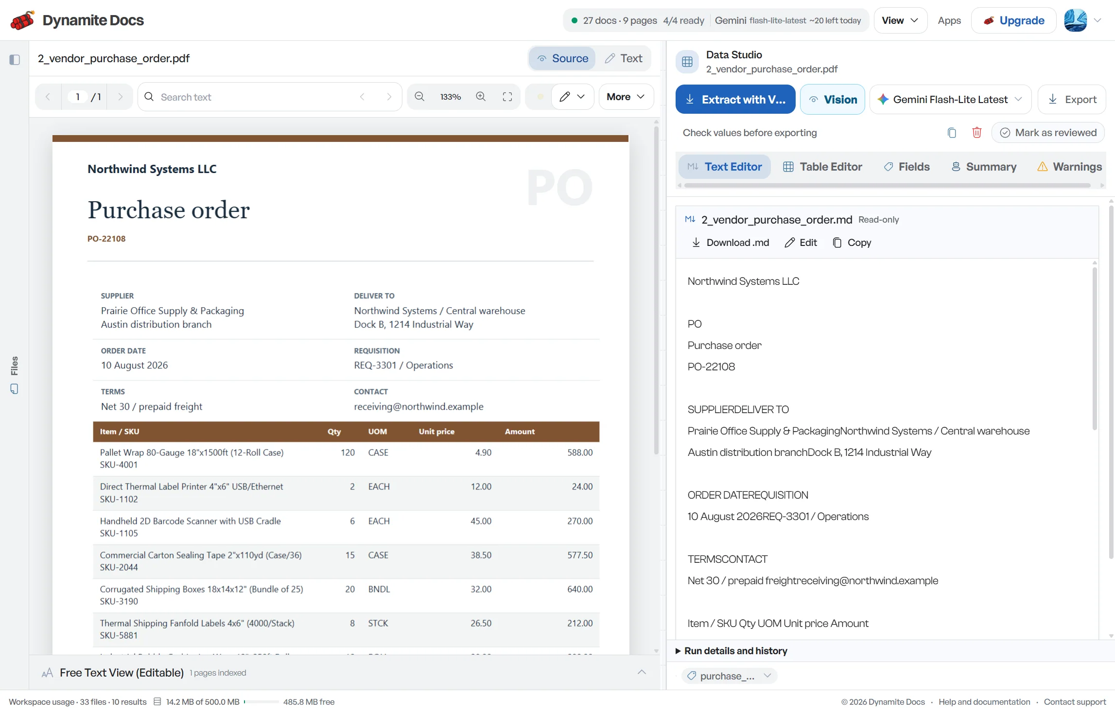 A purchase order beside its extracted text in the Text Editor.