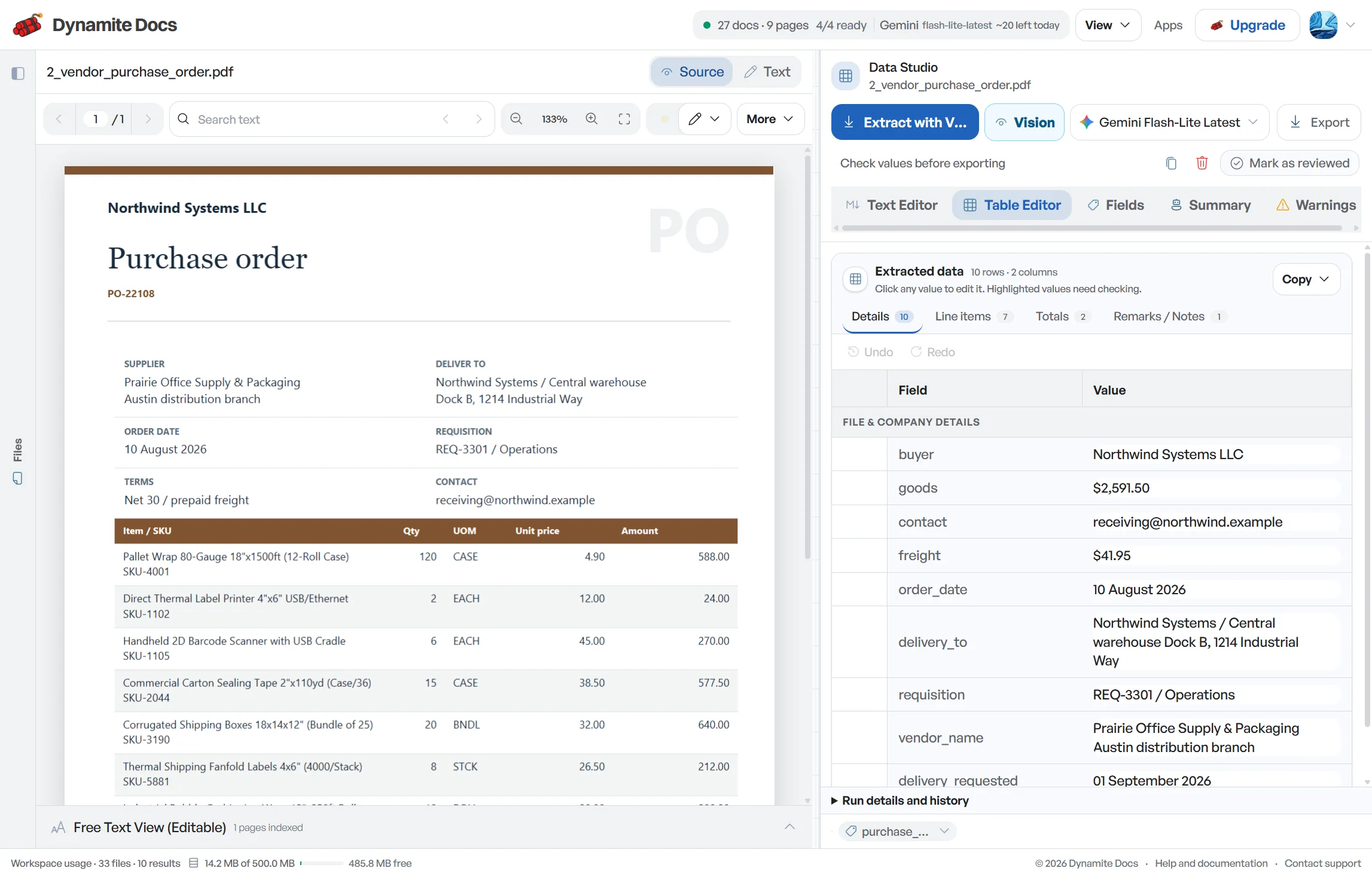 A purchase order beside its structured details in the Table Editor.