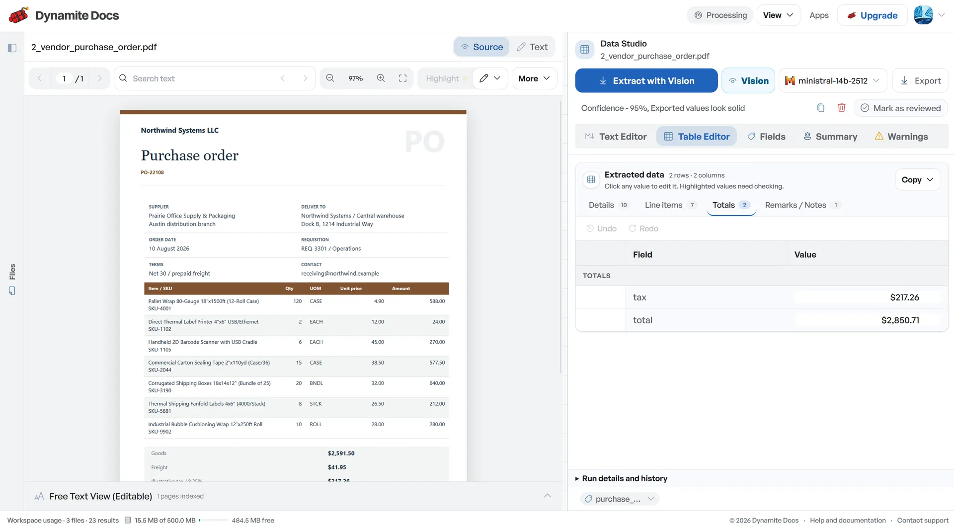 A purchase order beside the Table Editor Totals tab, showing tax and the final total.