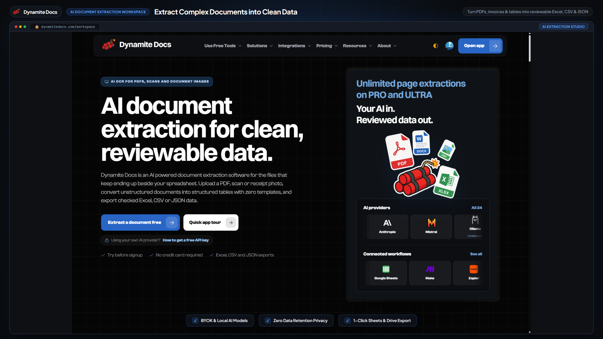 Dynamite Docs product screenshot with a vendor invoice beside extracted fields