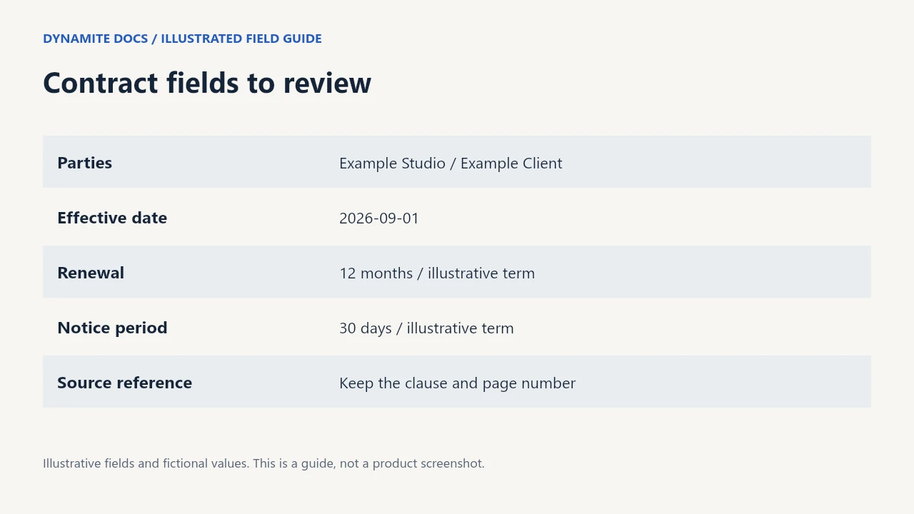 Contract fields mapped from source clauses to parties, dates, renewal, fees, and review status