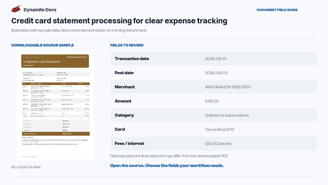 Credit card statement extraction for expense review: sample source document and illustrative field names and values