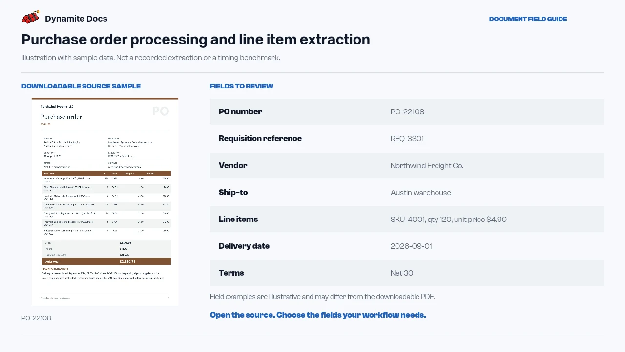 Purchase order processing and line item extraction: sample source document and illustrative field names and values